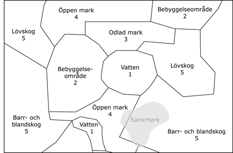 Exempel på heltäckande markskikt med gränser inklusive en fristående sankmark Bilden visar exempel på ett heltäckande markskikt med gränser inklusive en fristående sankmark.