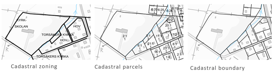 Tre bilder som visar Cadastral zoning, Cadastral parcels och Cadastral boundary.