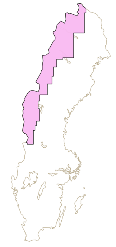 Bild som med markering i rosa visar Lantmäteriets täckningsområde för fjällinformation